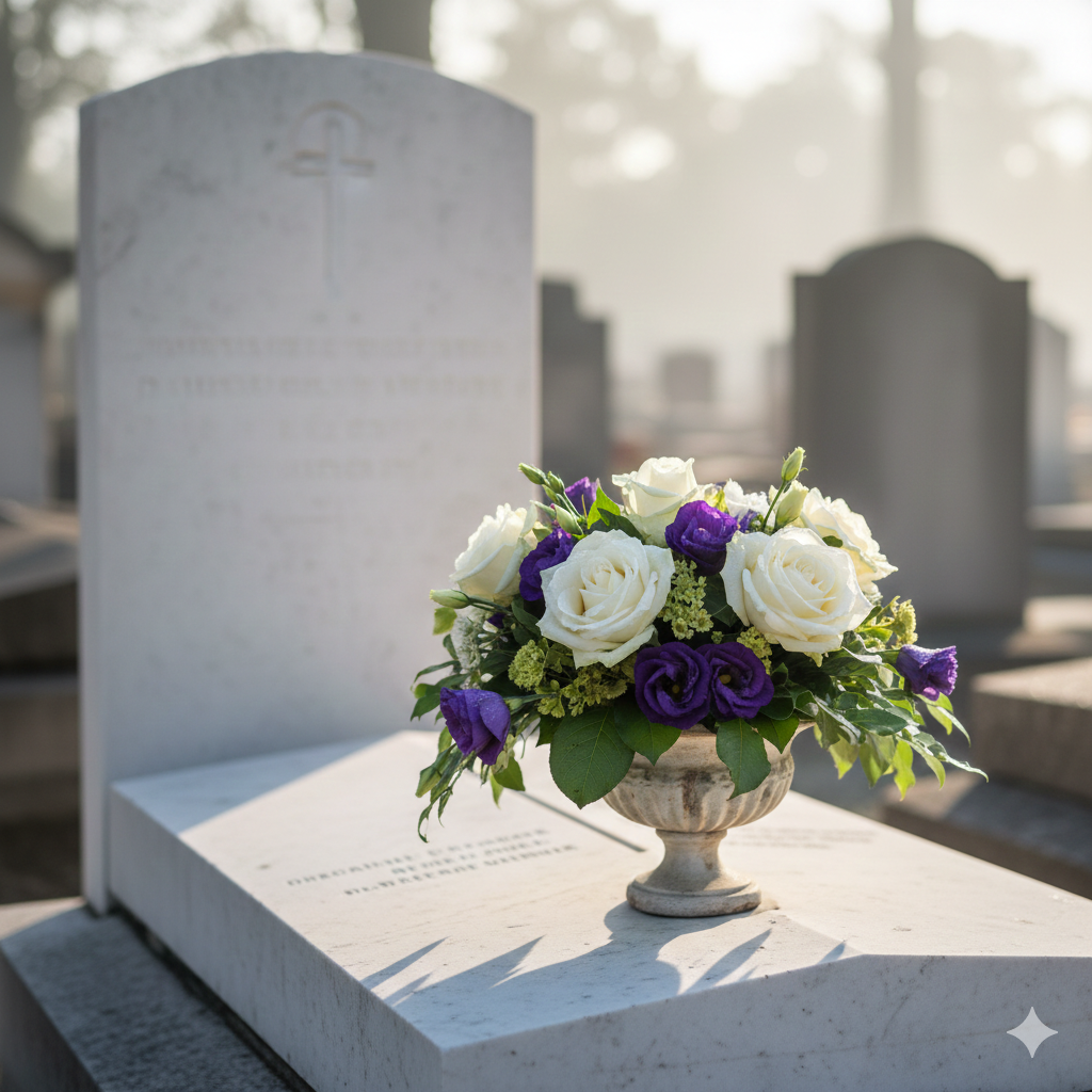 Tombe rénovée avec fleurs fraîches
